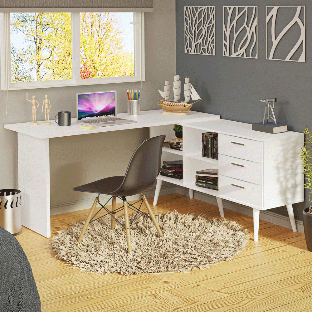 Escrivaninha Mesa de Escritório de Canto 3 Gavetas Branca Lisboa Madesa