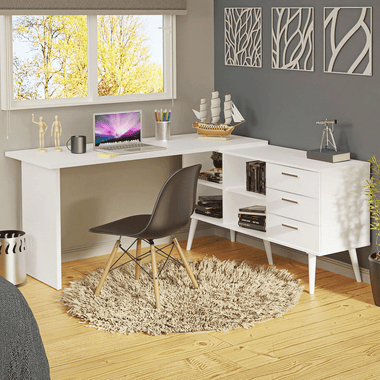 Escrivaninha Mesa de Escritório de Canto 3 Gavetas Branca Lisboa Madesa