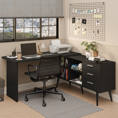 Escrivaninha Mesa de Escritório de Canto 3 Gavetas Preto Lisboa Madesa