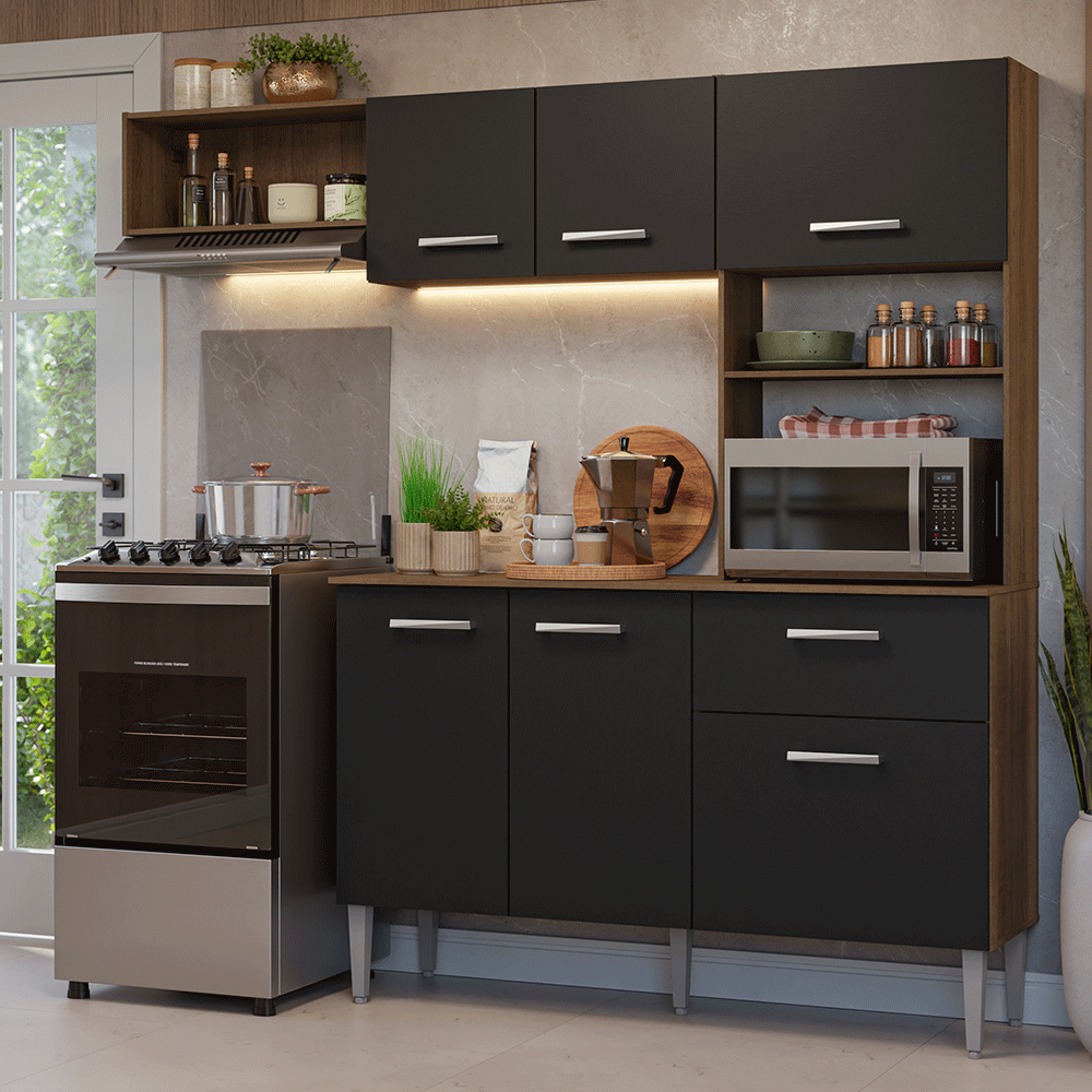 Armário de Cozinha Compacta 196cm Rustic/Preto Aura Madesa