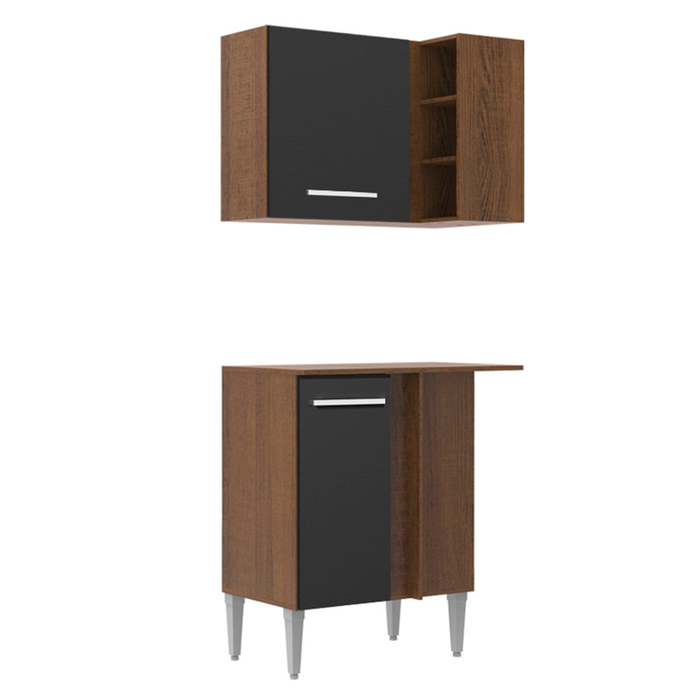 Kit de Canto Reto Madesa Emilly 2 Portas com Armário Aéreo, Adega e Balcão Rustic/Preto
