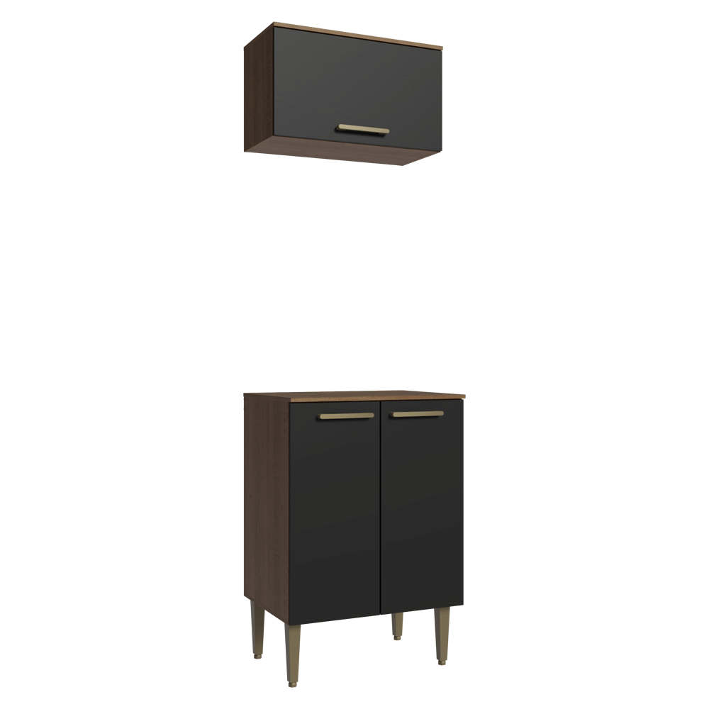 Kit Cozinha com Armário Aéreo e Balcão 60 cm Rustic/Preto Lille Madesa