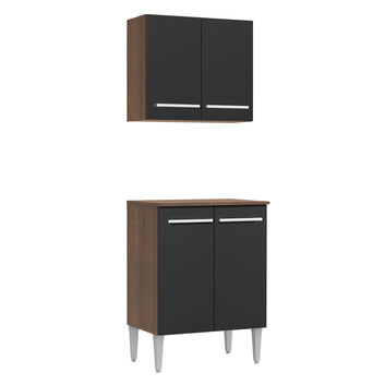 Kit com Armário Aéreo e Balcão 64cm Rustic/Preto Emilly Madesa