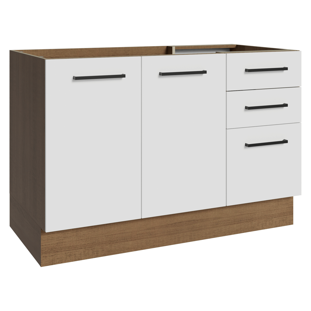 Balcão Gabinete de Pia Madesa Agata 120 x 60 cm 2 Portas e 3 Gavetas (Sem Tampo) Rustic/Branco