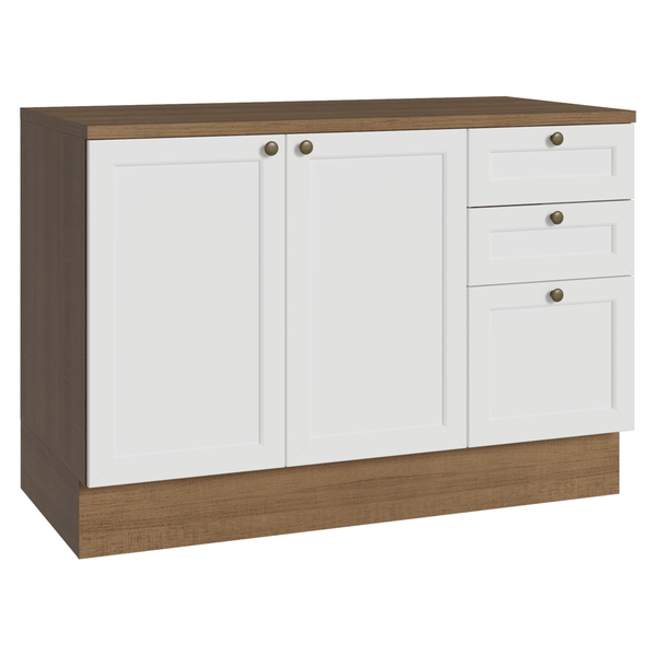 Balcão de Cozinha 120 x 60 cm 2 Portas 3 Gavetas (Com Tampo) Rustic/Branco Vik Madesa