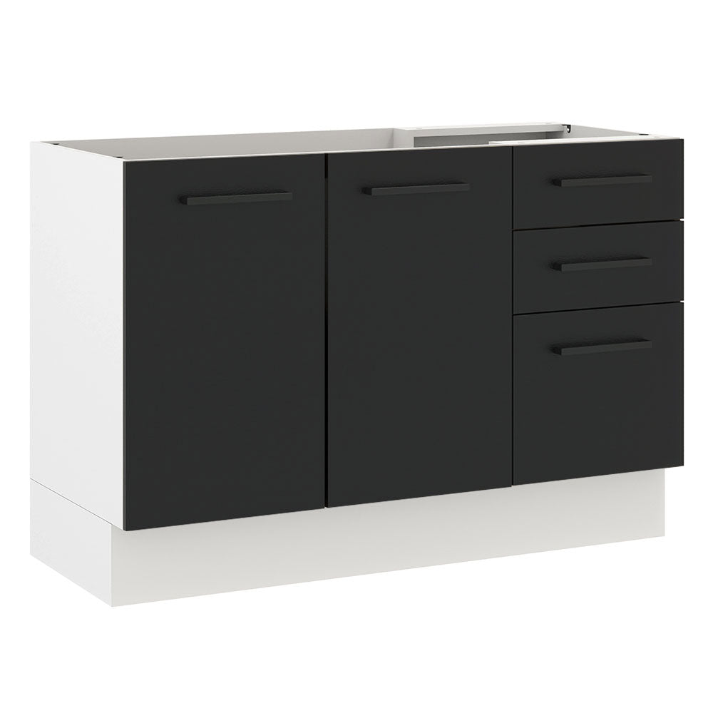 Balcão Gabinete de Pia Madesa Agata 120 x 60 cm 2 Portas e 3 Gavetas (Sem Tampo) Branco/Preto