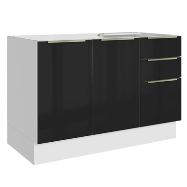 Balcão Gabinete de Pia 120 x 60 cm 2 Portas 3 Gavetas (Sem Tampo) Branco/Preto Lux Madesa