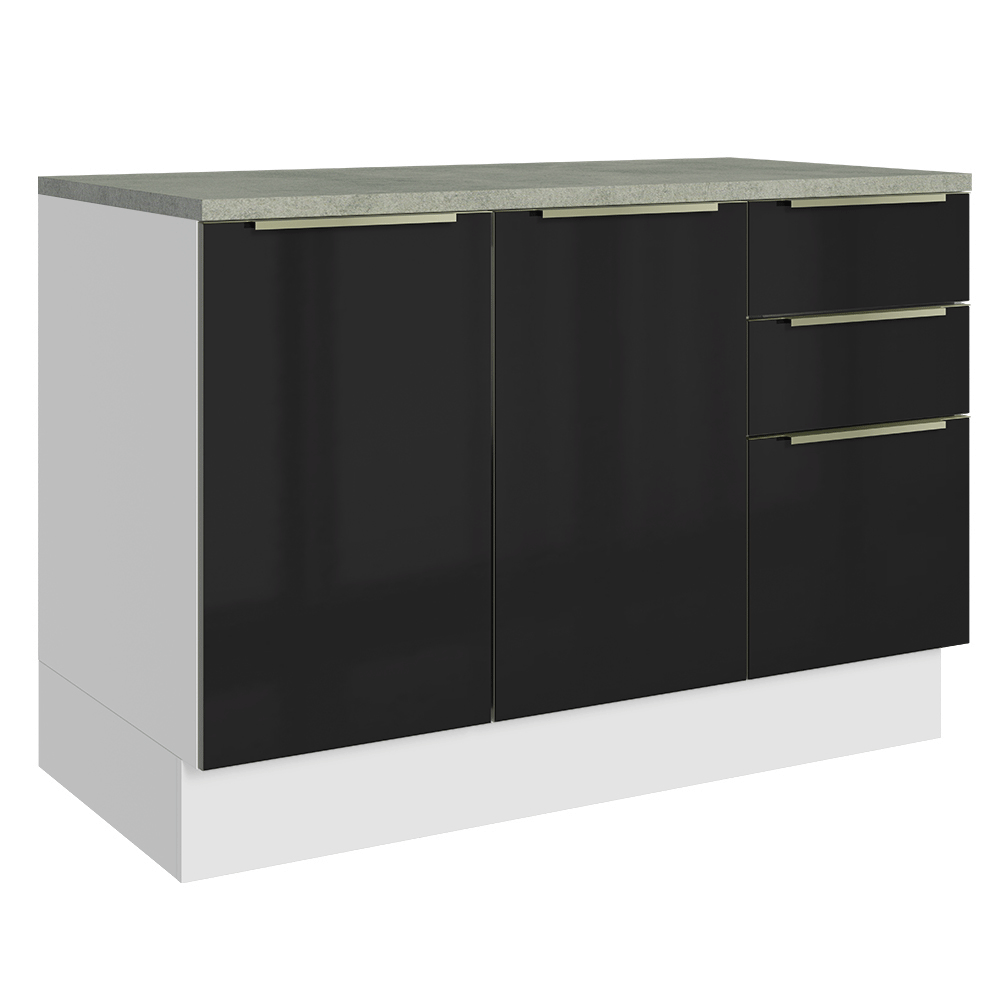 Balcão de Cozinha 120 x 60 cm 2 Portas 3 Gavetas (Com Tampo) Branco/Preto Lux Madesa