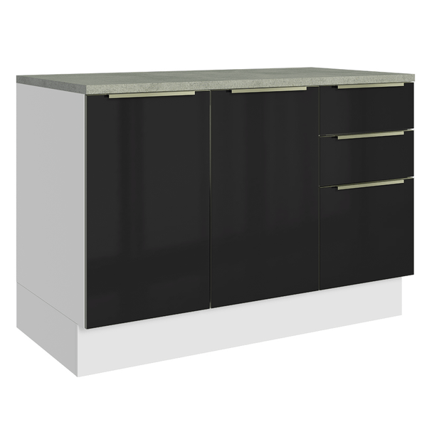 Balcão de Cozinha 120 x 60 cm 2 Portas 3 Gavetas (Com Tampo) Branco/Preto Lux Madesa