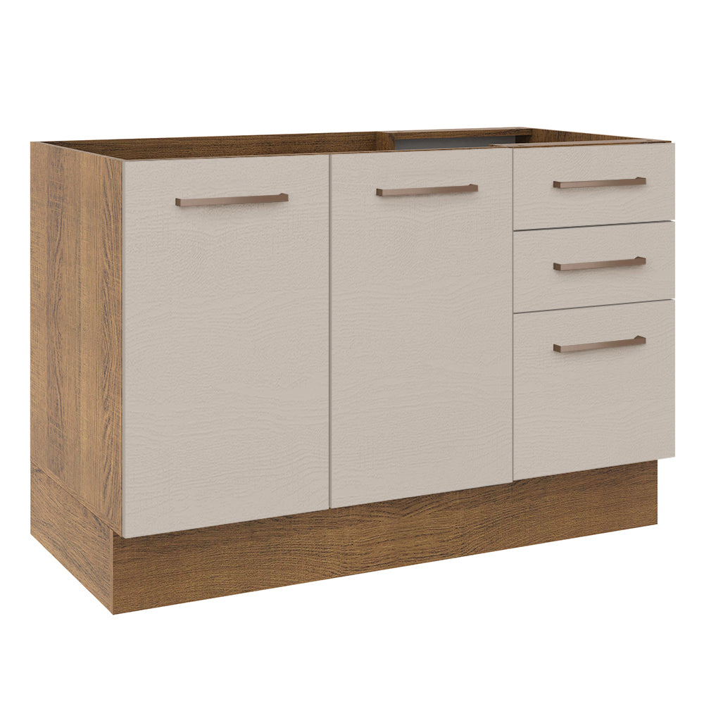Balcão Gabinete de Pia 120 x 60 cm 2 Portas e 3 Gavetas (Sem Tampo) Rustic/Crema Agata Madesa