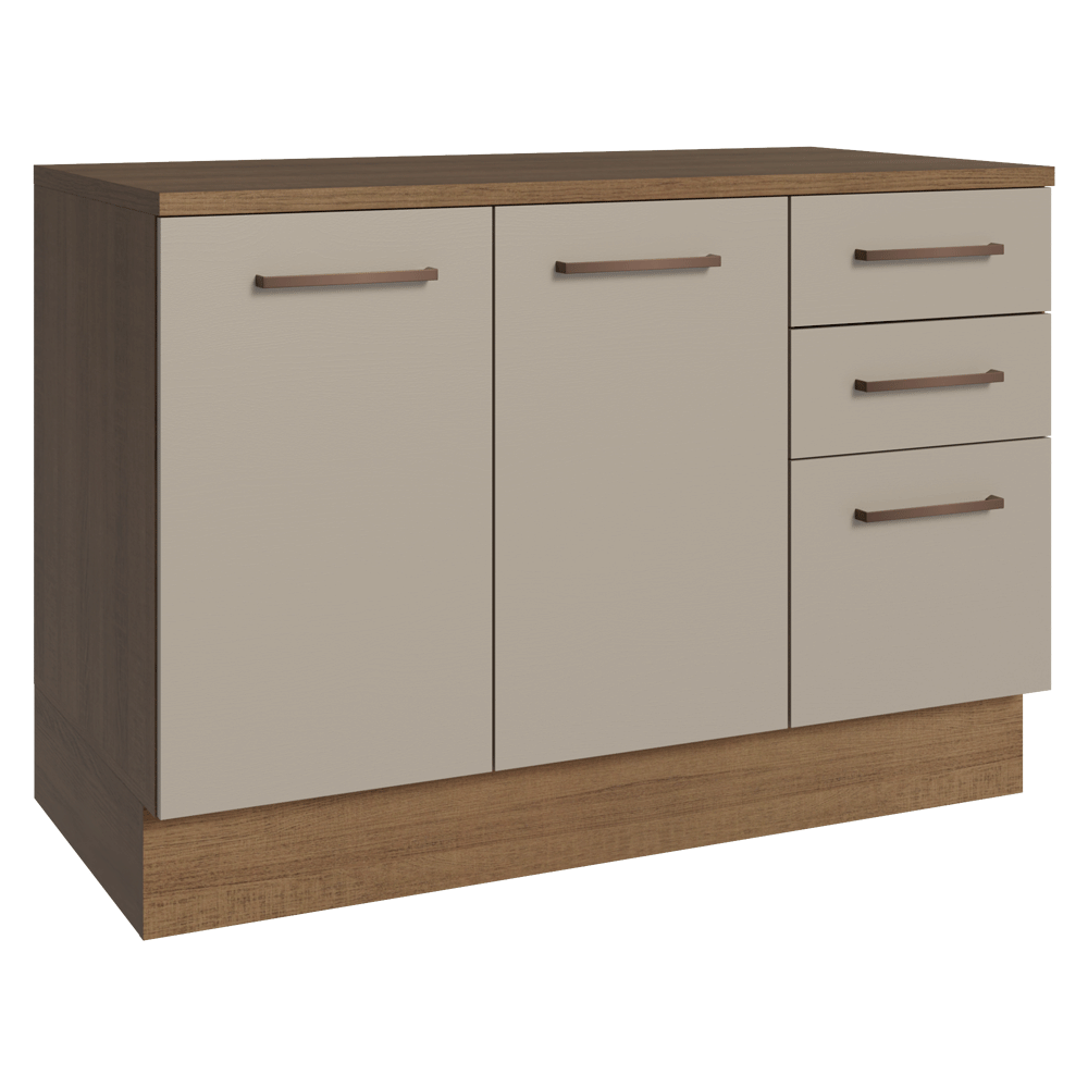 Balcão Cozinha 120 x 60 cm 2 Portas e 3 Gavetas (Com Tampo) Rustic/Crema Agata Madesa