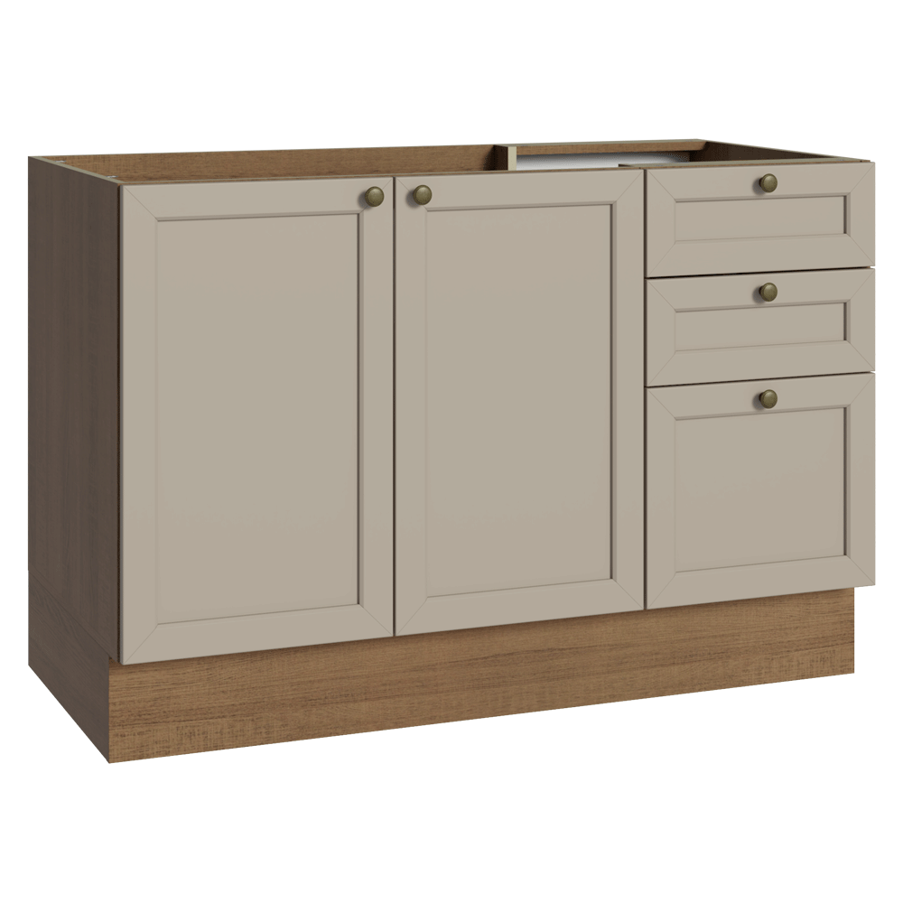 Balcão de Pia 120 x 60 cm 2 Portas 3 Gavetas (Sem Tampo) Rustic/Crema Vik Madesa