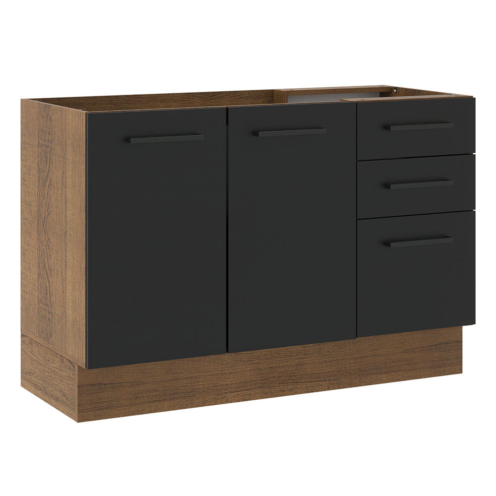 Balcão Gabinete de Pia Madesa Agata 120 x 60 cm 2 Portas e 3 Gavetas (Sem Tampo) Rustic/Preto