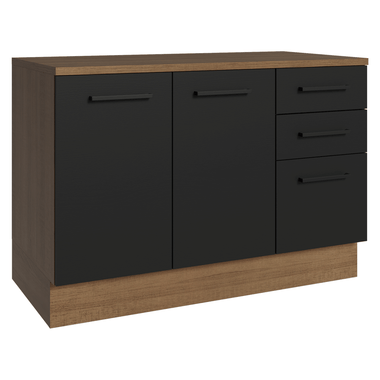 Balcão Cozinha 120 x 60 cm 2 Portas e 3 Gavetas (Com Tampo) Rustic/Preto Agata Madesa