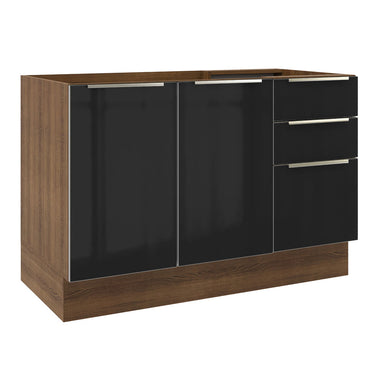 Balcão Gabinete de Pia 120 x 60 cm 2 Portas 3 Gavetas (Sem Tampo) Rustic/Preto Lux Madesa