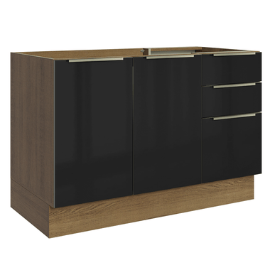 Balcão Gabinete de Pia 120 x 60 cm 2 Portas 3 Gavetas (Sem Tampo) Rustic/Preto Lux Madesa