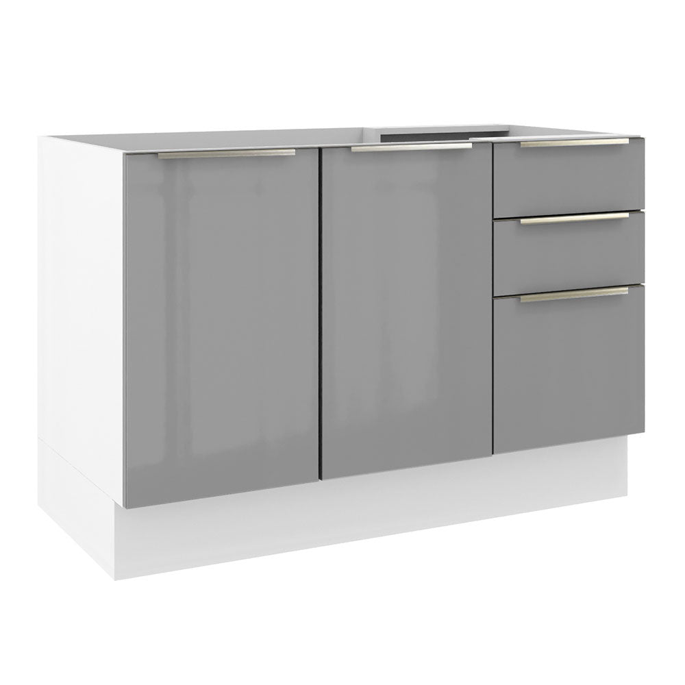 Balcão Gabinete de Pia 120 x 60 cm 2 Portas 3 Gavetas (Sem Tampo) Branco/Cinza Lux Madesa