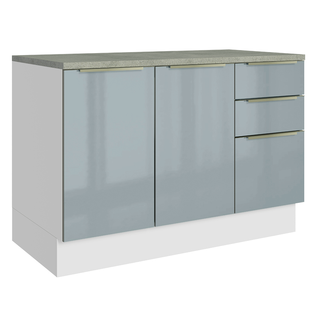 Balcão de Cozinha 120 x 60 cm 2 Portas 3 Gavetas (Com Tampo) Branco/Cinza Lux Madesa