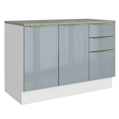Balcão de Cozinha 120 x 60 cm 2 Portas 3 Gavetas (Com Tampo) Branco/Cinza Lux Madesa