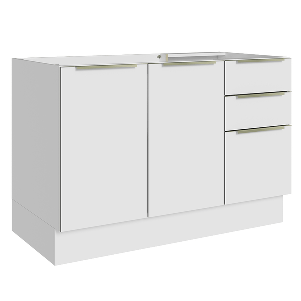 Balcão Gabinete de Pia 120 x 60 cm 2 Portas 3 Gavetas (Sem Tampo) Branco/Branco Veludo Lux Madesa