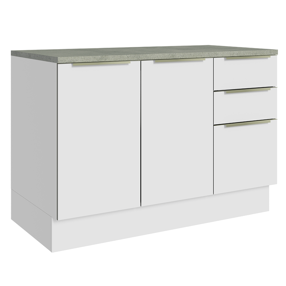 Balcão de Cozinha 120 x 60 cm 2 Portas 3 Gavetas (Com Tampo) Branco/Branco Veludo Lux Madesa