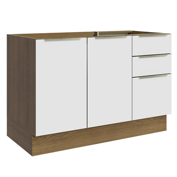 Balcão Gabinete de Pia 120 x 60 cm 2 Portas 3 Gavetas (Sem Tampo) Rustic/Branco Veludo Lux Madesa