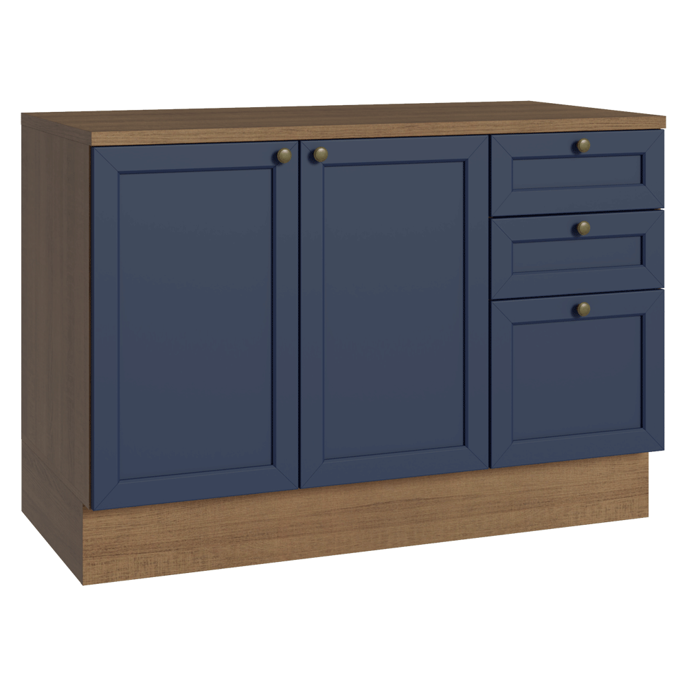 Balcão de Cozinha 120 x 60 cm 2 Portas 3 Gavetas (Com Tampo) Rustic/Azul Vik Madesa