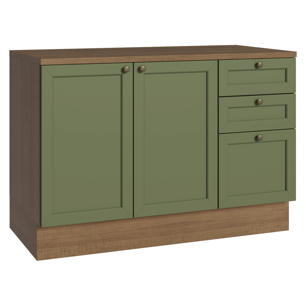 Balcão de Cozinha 120 x 60 cm 2 Portas 3 Gavetas (Com Tampo) Rustic/Verde Vik Madesa