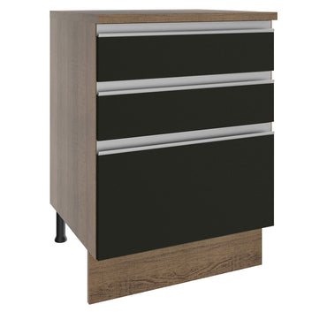 Balcão Madesa Glamy 60 x 60 cm 3 Gavetas (Com Tampo) Rustic/Preto