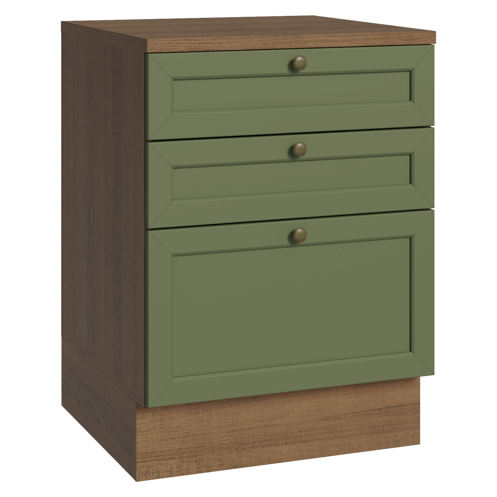 Balcão de Cozinha 60 x 60 cm 3 Gavetas (Com Tampo) Rustic/Verde Vik Madesa