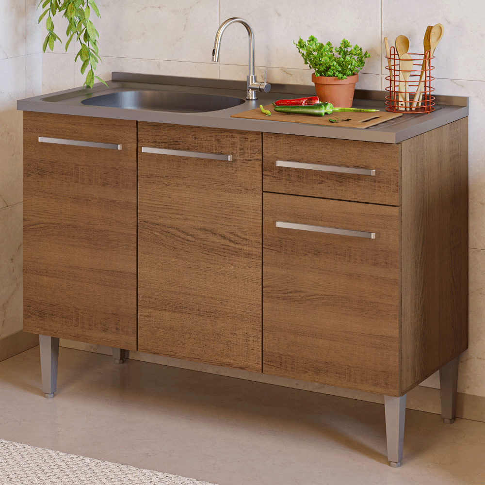 Balcão Gabinete com Pia 3 Portas e 1 Gaveta 105cm Rustic Emilly Madesa
