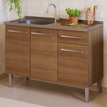 Balcão Gabinete com Pia 3 Portas e 1 Gaveta 105cm Rustic Emilly Madesa