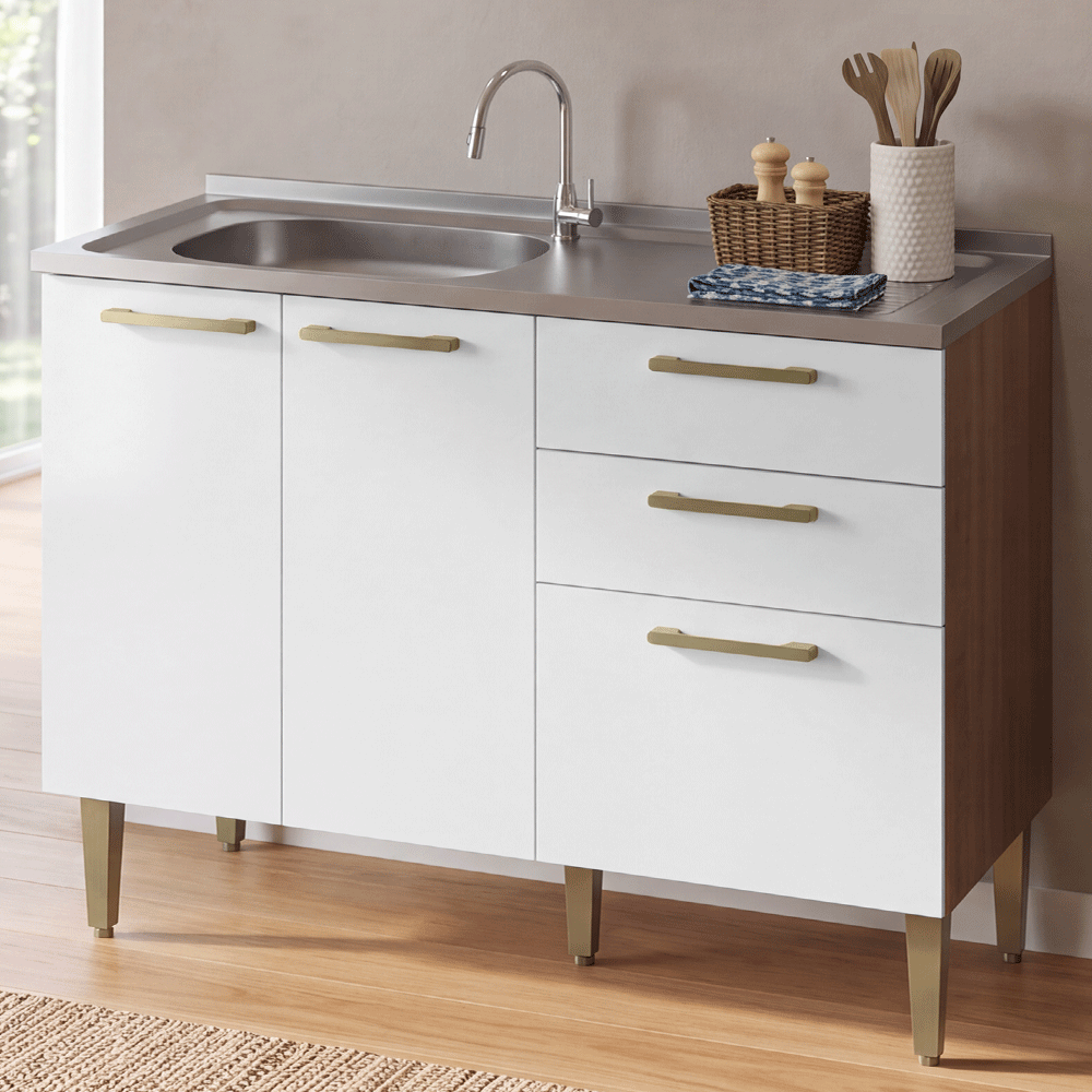 Balcão de Cozinha com Pia 105 cm 3 Portas 2 Gavetas Rustic/Branco Lille Madesa