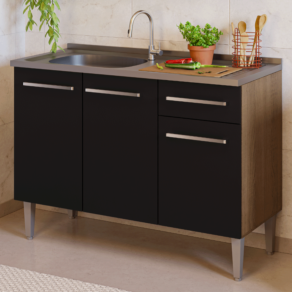 Balcão Gabinete com Pia 3 Portas e 1 Gaveta 105cm Rustic/Preto Emilly Madesa