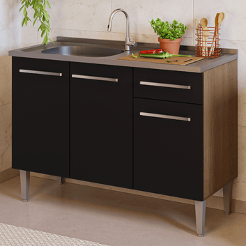 Balcão Gabinete com Pia 3 Portas e 1 Gaveta 105cm Rustic/Preto Emilly Madesa