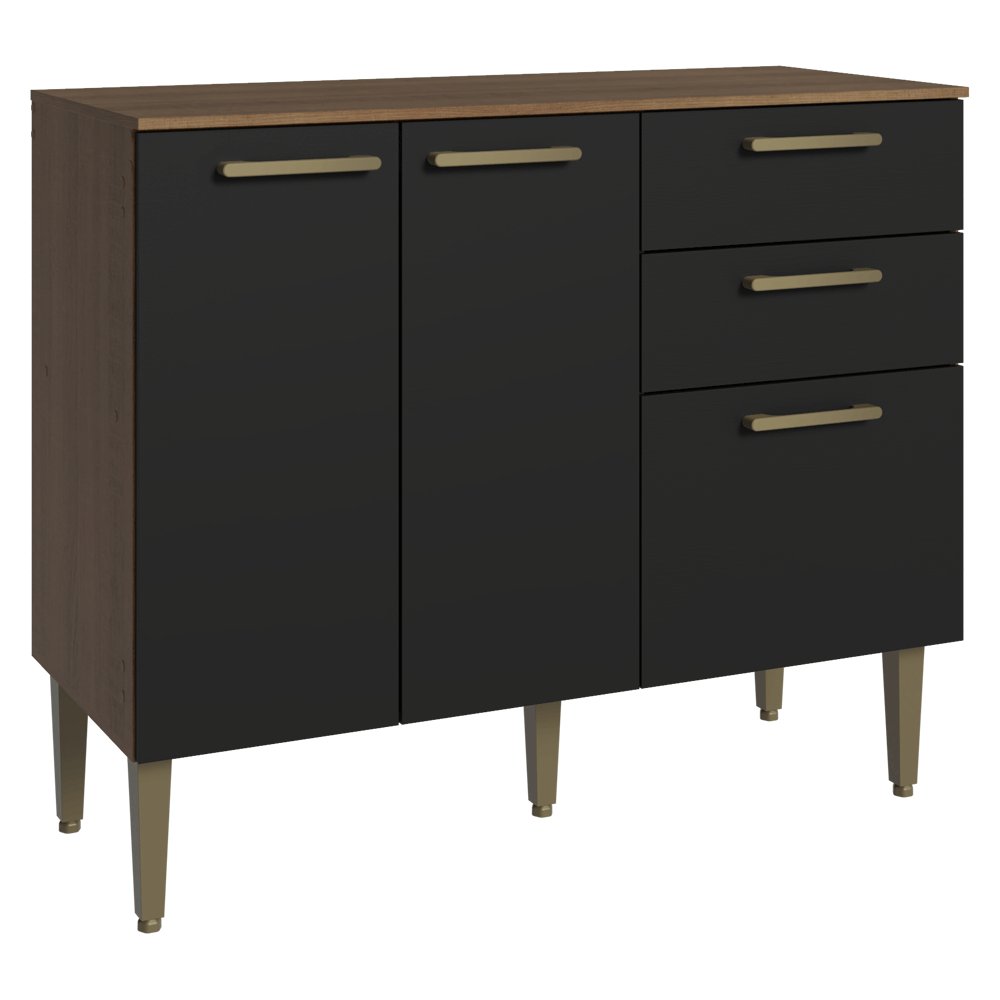 Balcão Gabinete de Pia 105 cm 3 Portas 2 Gavetas Rustic/Preto Lille Madesa