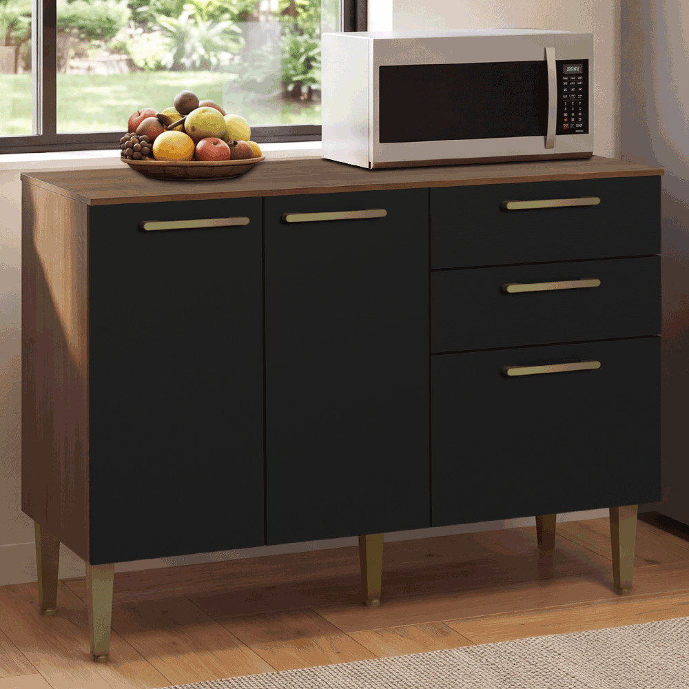 Balcão Gabinete de Pia 105 cm 3 Portas 2 Gavetas Rustic/Preto Lille Madesa