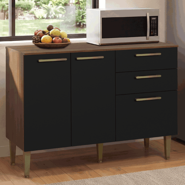 Balcão Gabinete de Pia 105 cm 3 Portas 2 Gavetas Rustic/Preto Lille Madesa