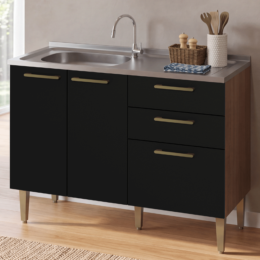 Balcão de Cozinha com Pia 105 cm 3 Portas 2 Gavetas Rustic/Preto Lille Madesa