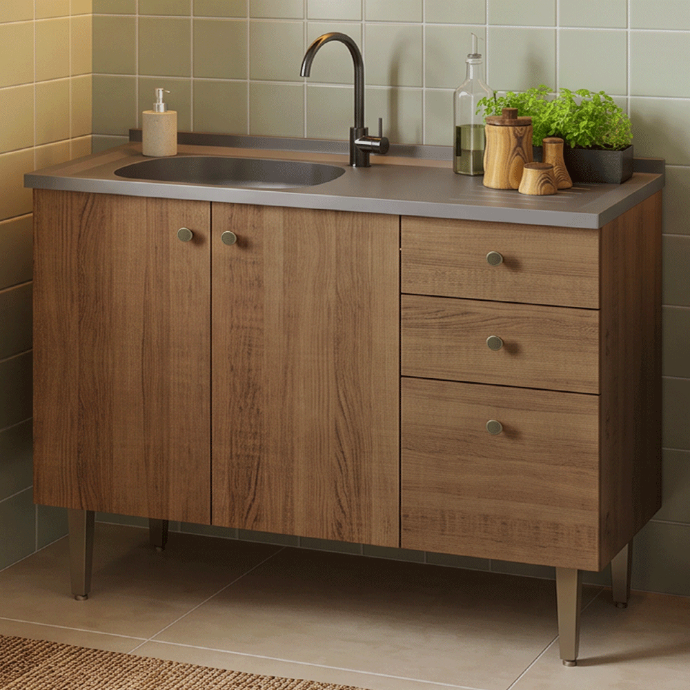 Balcão Gabinete com Pia 3 Portas e 2 Gavetas 105cm Rustic Gourmet Madesa