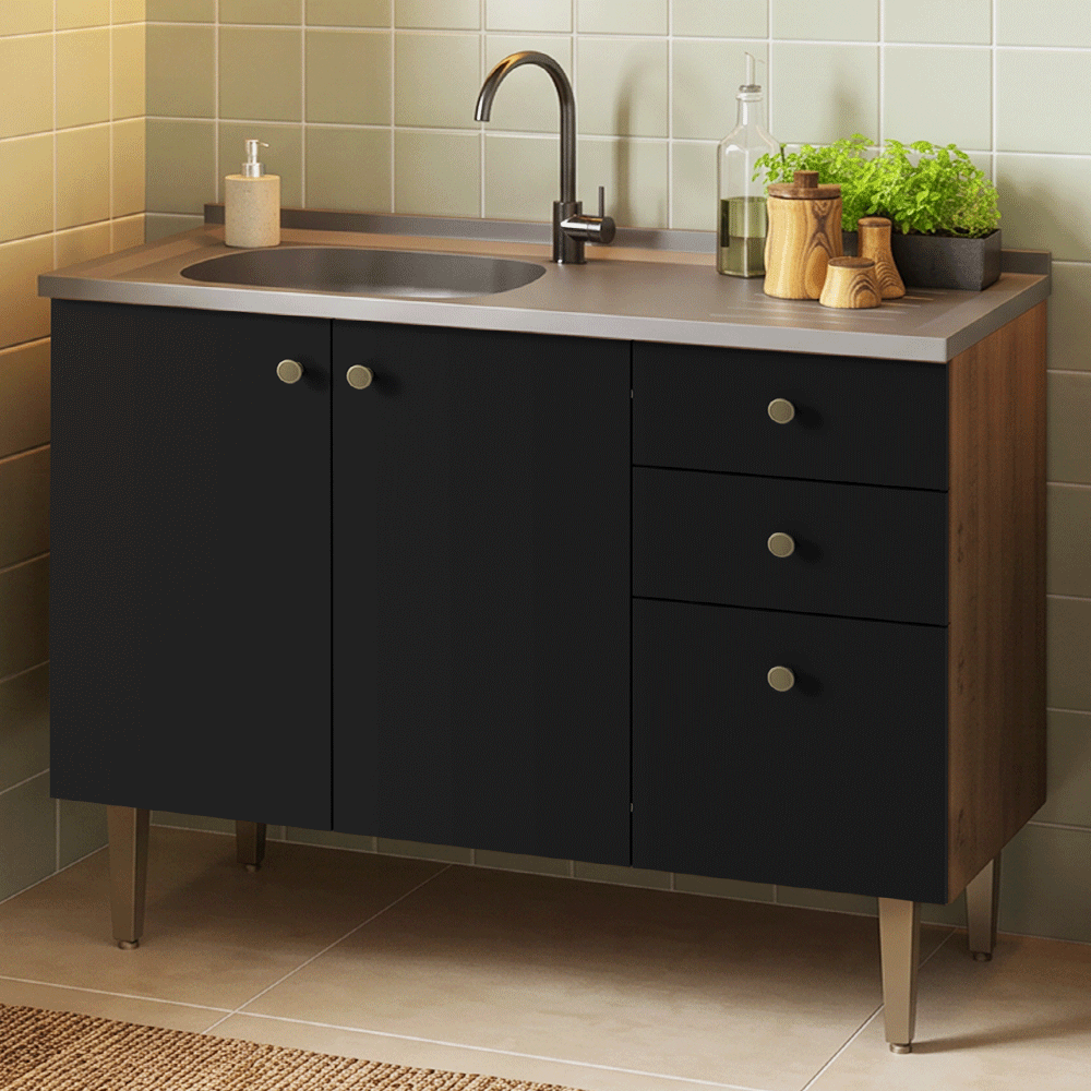 Balcão Gabinete com Pia 3 Portas e 2 Gavetas 105cm Rustic/Preto Gourmet Madesa
