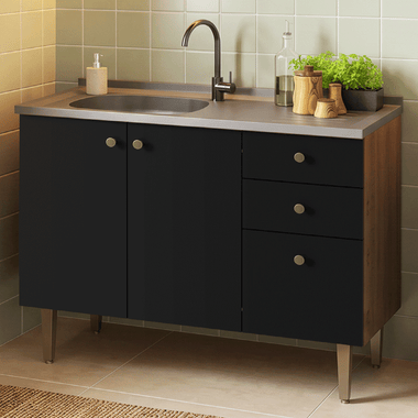 Balcão Gabinete com Pia 3 Portas e 2 Gavetas 105cm Rustic/Preto Gourmet Madesa