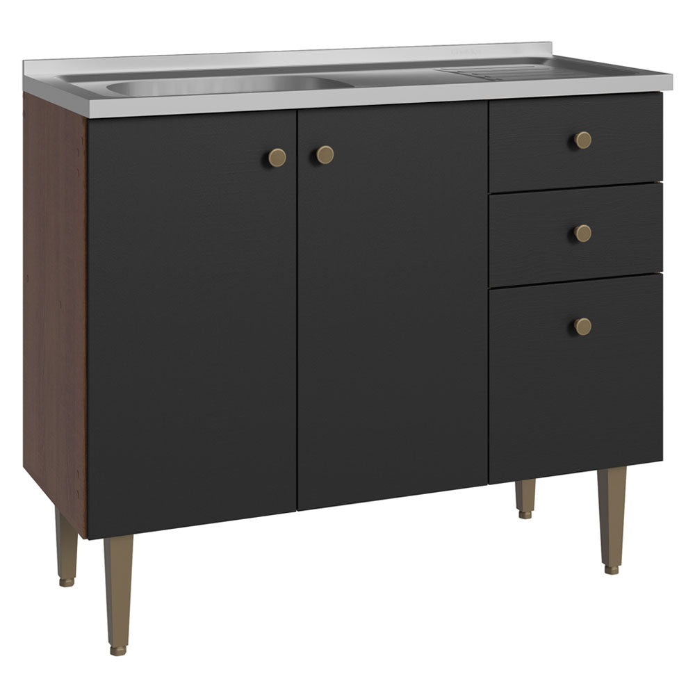 Balcão Gabinete com Pia 3 Portas e 2 Gavetas 105cm Rustic/Preto Gourmet Madesa