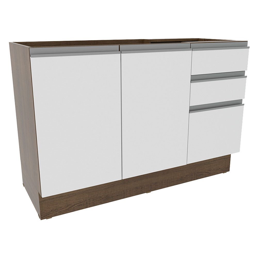 Balcão Gabinete de Pia Madesa Glamy 120 cm 2 Portas e 3 Gavetas (Sem Tampo e Pia) Rustic/Branco
