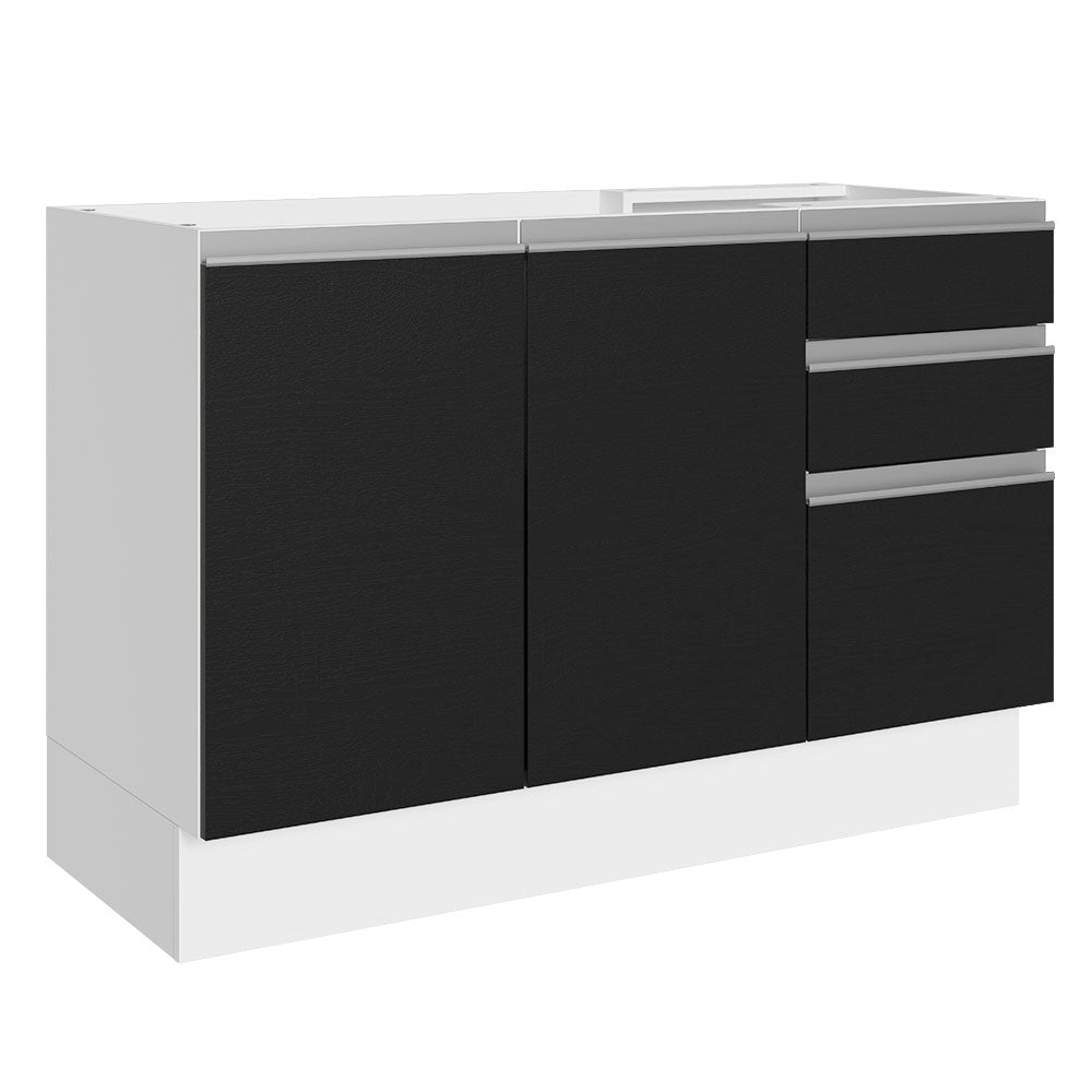 Balcão Gabinete de Pia 100% MDF 120 cm 3 Portas 2 Gavetas Branco/Preto Acordes Madesa