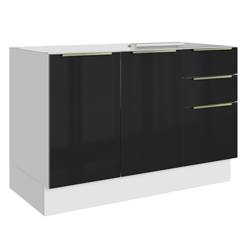 Balcão Gabinete de Pia 120 cm 2 Portas 3 Gavetas (Sem Tampo) Branco/Preto Lux Madesa