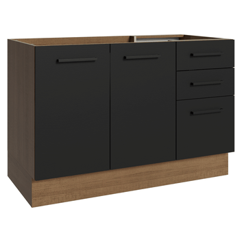 Balcão Gabinete de Pia Madesa Agata 2 Portas e 3 Gavetas (Sem Tampo e Pia) Rustic/Preto