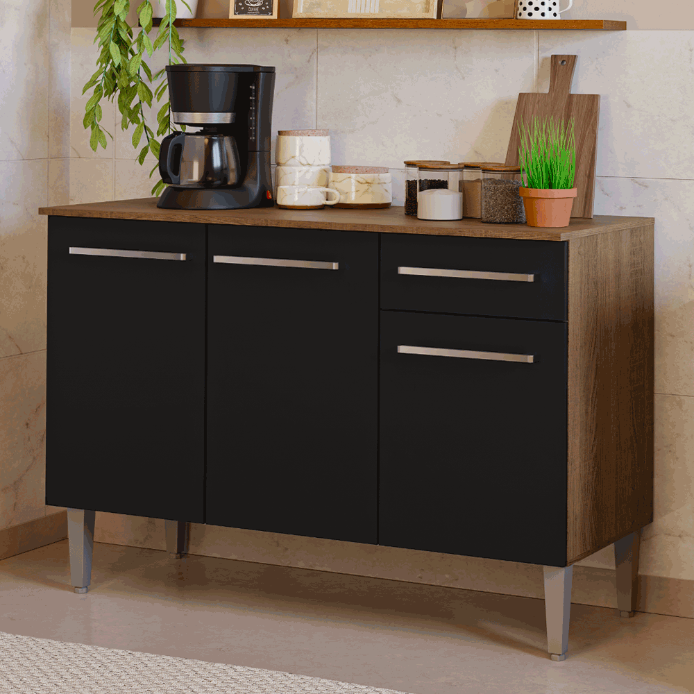 Balcão Gabinete Madesa Emilly 3 Portas e 1 Gaveta Rustic/Preto