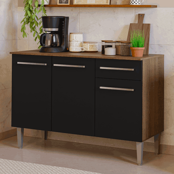 Balcão Gabinete Madesa Emilly 3 Portas e 1 Gaveta Rustic/Preto