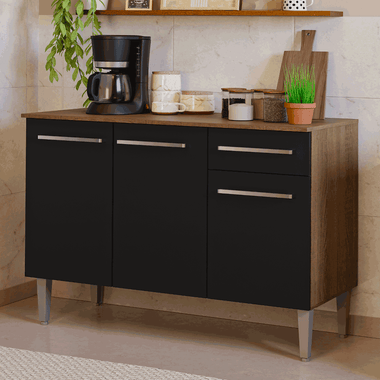 Balcão Gabinete Madesa Emilly 3 Portas e 1 Gaveta Rustic/Preto